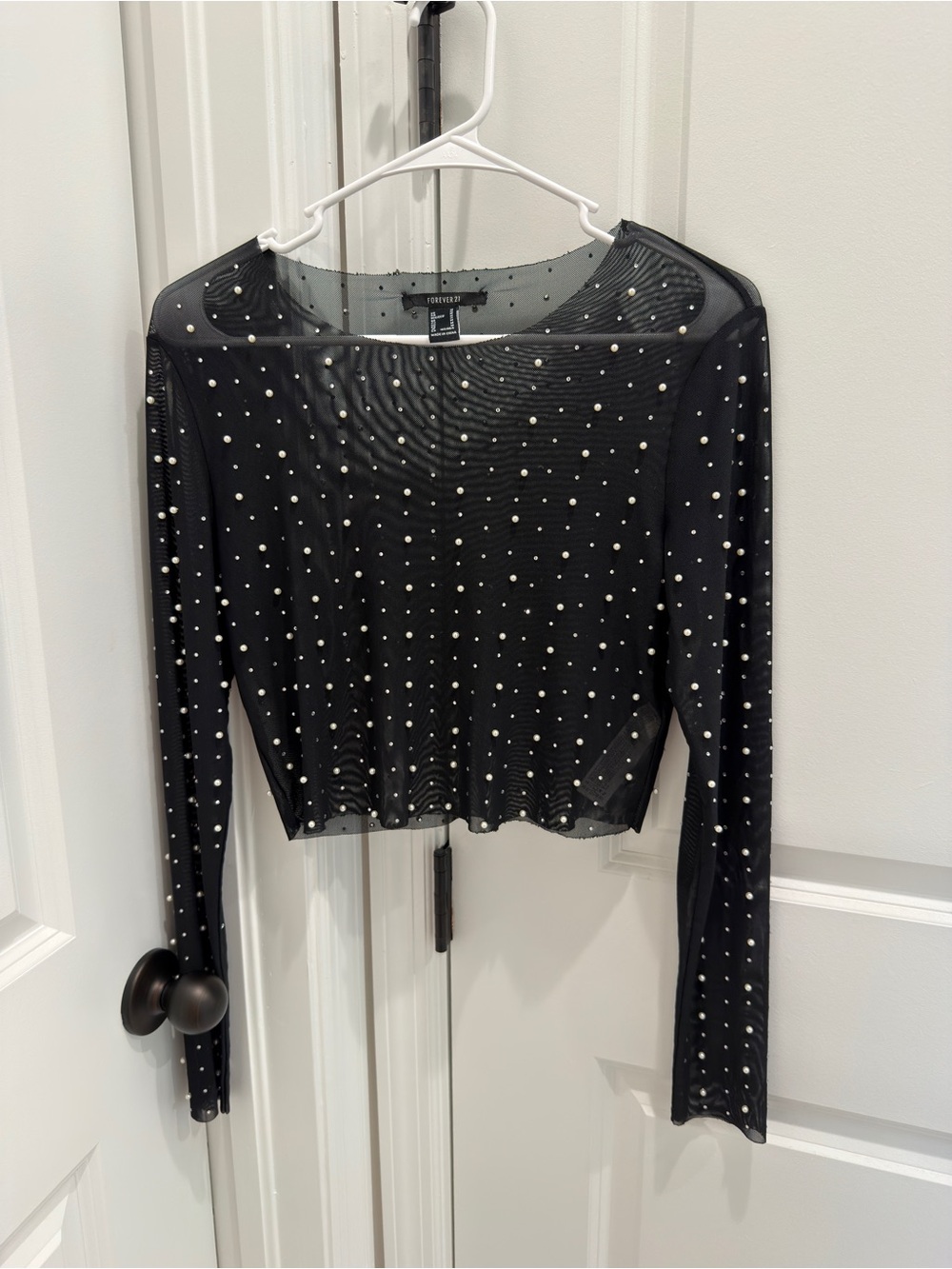 Forever 21 Black Sheer Pearl-Embellished Long Sleeve Crop Top